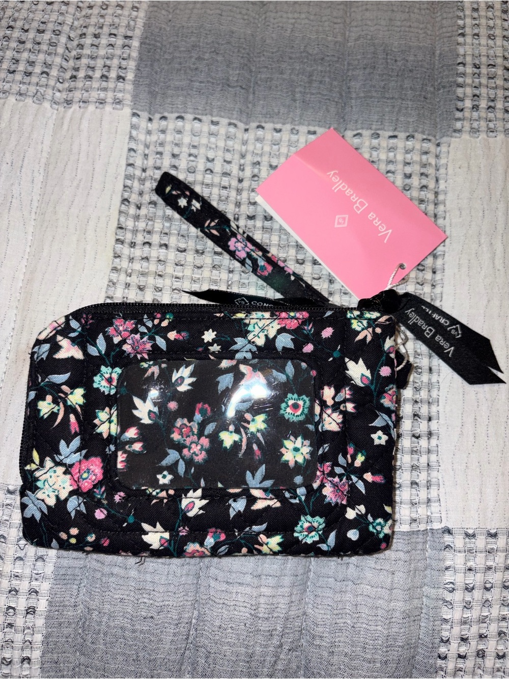 Brand new with tagVera Bradley Black Floral Wristlet Card Case with Pink Accents